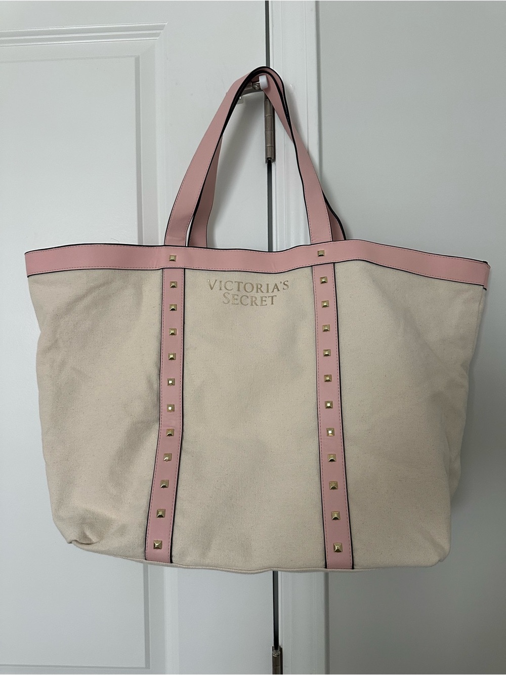 Victoria's Secret Canvas Tote Bag | Pink Studded Straps | Love Victoria | Large